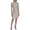 image:imageKARL LAGERFELD Short Ruched Sleeve Jewel Neck Sheath Mini DressPink SherbetTea Green Multi
