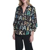 image:imageKarl Lagerfeld Womens 34 Sleeve Collar Button Down All Over Print Surplice BlouseBlackPanna Cotta Multi