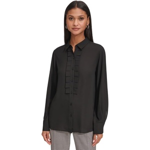 image:imageKARL LAGERFELD Paris Womens Collared RuffleFront Button Up BlouseBlack
