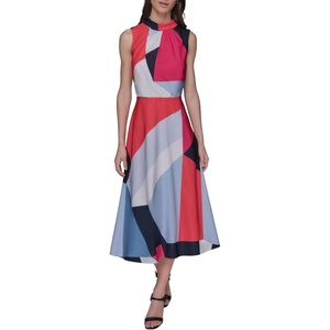 image:imageKARL LAGERFELD Paris Womens Mock Neck Patterned Contrasting Colors Midi DressChambray BlueSunset Coral Multi