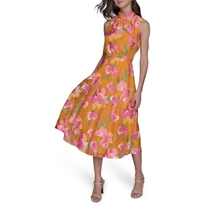 image:imageKARL LAGERFELD Paris Womens Mock Neck Patterned Contrasting Colors Midi DressPersimmon Multi