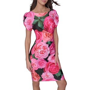 image:imageKARL LAGERFELD Short Ruched Sleeve Jewel Neck Sheath Mini DressBlackPink Sherbert Multi