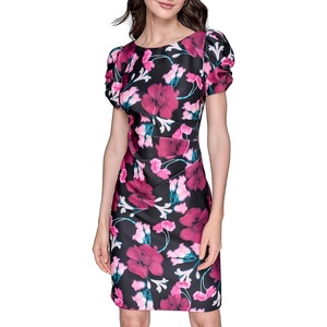 image:imageKARL LAGERFELD Short Ruched Sleeve Jewel Neck Sheath Mini DressBlackWine Multi