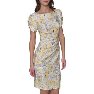 image:imageKARL LAGERFELD Short Ruched Sleeve Jewel Neck Sheath Mini DressFresia Yellow Multi