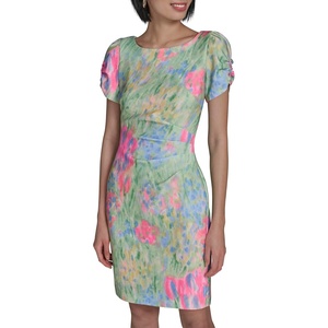 image:imageKARL LAGERFELD Short Ruched Sleeve Jewel Neck Sheath Mini DressPink SherbetTea Green Multi