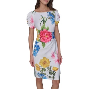 image:imageKARL LAGERFELD Short Ruched Sleeve Jewel Neck Sheath Mini DressSoft White Multi