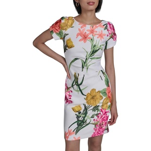 image:imageKARL LAGERFELD Short Ruched Sleeve Jewel Neck Sheath Mini DressSoft WhiteCamelia Combo