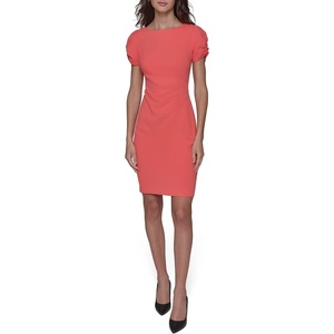 image:imageKARL LAGERFELD Short Ruched Sleeve Jewel Neck Sheath Mini DressSunset Coral