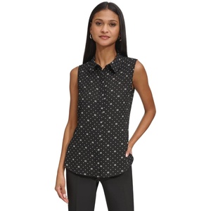 image:imageKARL LAGERFELD Sleeveless Collared Button Front BlouseBlackSoft White