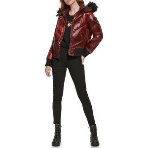 image:imageKARL LAGERFELD Womens Chevron Quilted Short PufferFaux Fur Trim Red