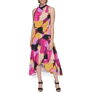 image:imageKARL LAGERFELD Womens Halter Neck Silky Crepe Colorful Geo Print Midi DressFrench Fuschia Combo