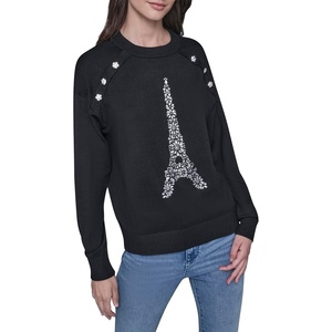 image:imageKARL LAGERFELD Womens Long Sleeve Crew Neck Bejewled Eiffel Tower SweaterBlack