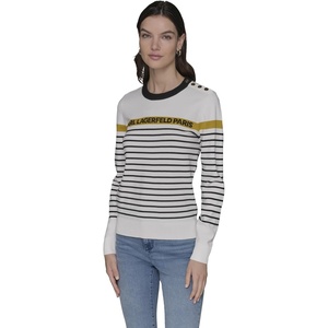image:imageKARL LAGERFELD Womens Long Sleeve Crewneck Striped Soft SweaterSoft WhiteBlackGold Flake