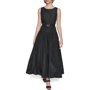 image:imageKARL LAGERFELD Womens Sleeveless Taffeta Belted Drop Waist Midi Dress with PocketsBlack