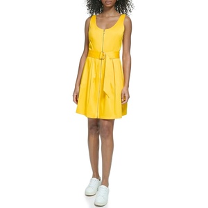 image:imageKarl Lagerfeld Paris Womens Round Neck Zip Up Belted DressLemon Chrome