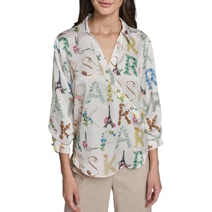 image:imageKarl Lagerfeld Womens 34 Sleeve Collar Button Down All Over Print Surplice BlouseBisquePanna Cotta Muti