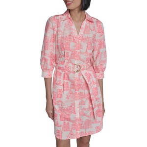 image:imageKarl Lagerfeld Womens 34 Sleeve Collared Belted Cotton Mini ShirtdressSoft WhitePink Sherbet Multi