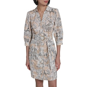 image:imageKarl Lagerfeld Womens 34 Sleeve Collared Belted Cotton Mini ShirtdressTitanium Buff Combo