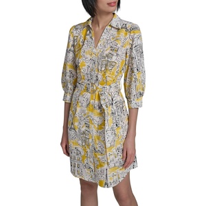 image:imageKarl Lagerfeld Womens 34 Sleeve Collared Belted Cotton Mini ShirtdressYellow Chrome Combo