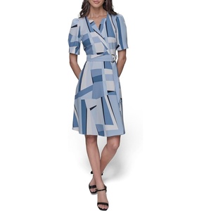 image:imageKarl Lagerfeld Womens Belted V Neck Short Sleeve Midi DressChambray Blue Multi