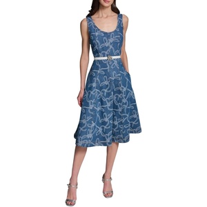 image:imageKarl Lagerfeld Womens Bow Jacquard Belt with Rosette Sleeveless DressMedium Indigo