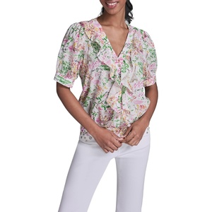 image:imageKarl Lagerfeld Womens Bright Ruffle Blouse with Floral PrintSoft WhitePink Carnation Multi