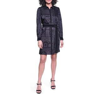 image:imageKarl Lagerfeld Womens Button Front Silky Crepe Abstract Printed Satin Shirt DressBlackSoft White
