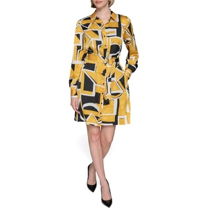 image:imageKarl Lagerfeld Womens Button Front Silky Crepe Abstract Printed Satin Shirt DressFrench Ochre Multi