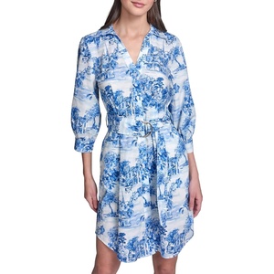 image:imageKarl Lagerfeld Womens Button Up Collared Belted Shirt DressPorcelain Blue Combo