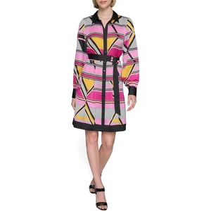 image:imageKarl Lagerfeld Womens Collared Silky Crepe Geo Printed Satin Shirt DressBlack French Fuschia Combo