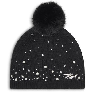image:imageKarl Lagerfeld Womens Crystal and Pearl Studs Faux Fur Pom BeanieBlack