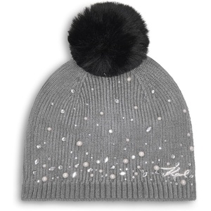image:imageKarl Lagerfeld Womens Crystal and Pearl Studs Faux Fur Pom BeanieHeather Granite