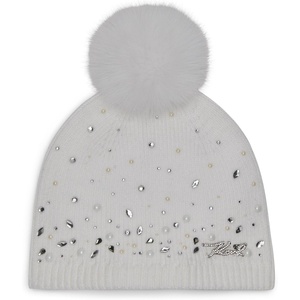 image:imageKarl Lagerfeld Womens Crystal and Pearl Studs Faux Fur Pom BeanieIvory