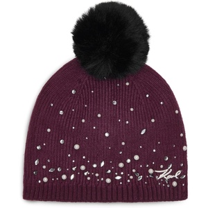 image:imageKarl Lagerfeld Womens Crystal and Pearl Studs Faux Fur Pom BeanieRaisin