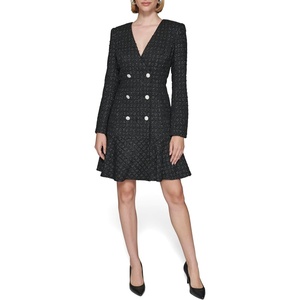 image:imageKarl Lagerfeld Womens Embellished Buttons Long Sleeve V Neck Blazer DressBlackSilver