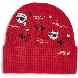 image:imageKarl Lagerfeld Womens Embroidered Karl Hearts Velboa Fleece Lined BeanieCrimson