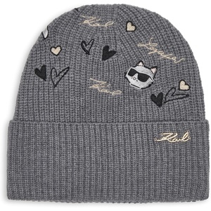 image:imageKarl Lagerfeld Womens Embroidered Karl Hearts Velboa Fleece Lined BeanieHeather Granite