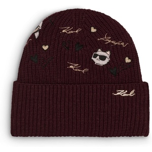 image:imageKarl Lagerfeld Womens Embroidered Karl Hearts Velboa Fleece Lined BeanieRaisin