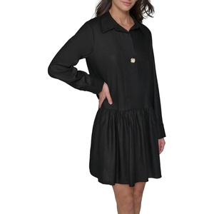 image:imageKarl Lagerfeld Womens Gathered Flounce Linen Longer Sleeved Shirt DressBlack