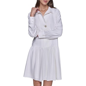 image:imageKarl Lagerfeld Womens Gathered Flounce Linen Longer Sleeved Shirt DressWhite