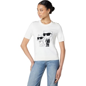 image:imageKarl Lagerfeld Womens Karl Choupette Logo Short Sleeve Whimsy SweaterSoft WhiteBlack