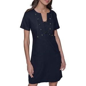image:imageKarl Lagerfeld Womens Light Tie Neck Short Sleeve Mini DressMarine