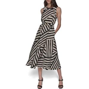 image:imageKarl Lagerfeld Womens Lined Belted Sleeveless Midi DressOyster Gray Black Combo