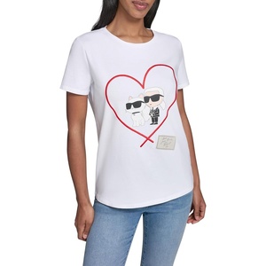 image:imageKarl Lagerfeld Womens Logo Heart Karl and Choupette Whimsical TShirtWhite