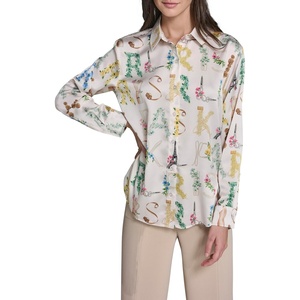 image:imageKarl Lagerfeld Womens Long Sleeve Collar Button Down All Over Print Oversized BlouseBisquePanna Cotta Muti