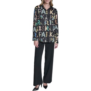 image:imageKarl Lagerfeld Womens Long Sleeve Collar Button Down All Over Print Oversized BlouseBlackPanna Cotta Multi