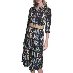 image:imageKarl Lagerfeld Womens Long Sleeve Collared All Over Print Belted DressBlackPanna Cotta Multi