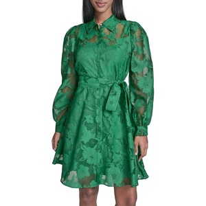 image:imageKarl Lagerfeld Womens Long Sleeve Collared Organza Overlay Belted Mini DressLush Green