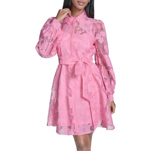 image:imageKarl Lagerfeld Womens Long Sleeve Collared Organza Overlay Belted Mini DressPink Sherbet
