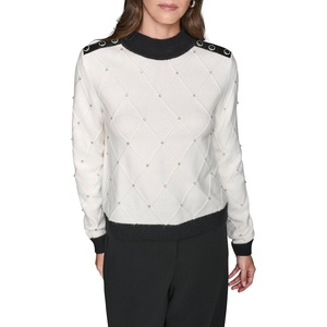 image:imageKarl Lagerfeld Womens Long Sleeve Mock Neck Crystal Detail Elevated SweaterSoft WhiteBlack
